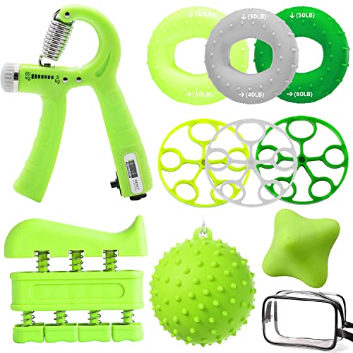 Hand Grip Strengthener 10 Pack, Grip strength trainer,Hand Gripper, Finger Stretcher Resistance Extensor Bands, Finger Exerciser & Stress Relief Ball for Athletes & Musicians
