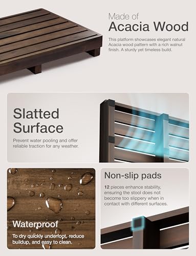 One Step Stool for Elderly (35" Length) - Acacia Wood High Riser Step Stool with Non-Slip Pads - 550 Lbs Wooden Mobility Stepping Stools for Handicap, Bed, Bathroom, Kitchen (Walnut) (Patented) - color: Walnut