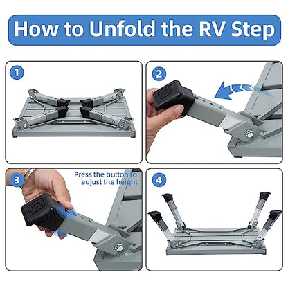 Large RV Step Stool, Adjustable Height Aluminum Folding Step Ladder with Non-Slip Rubber Feet, 1500 lbs Capacity, Safety Platform for RV, Trailer, Truck, Outdoor Use, 19" x 14.3"