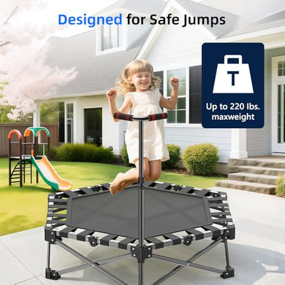 Mini Fitness Trampoline with Adjustable Handle Bar, Black, Indoor Exercise Rebounder for Kids, Foldable Frame