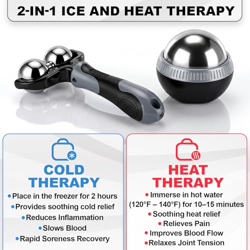 2 Pcs Massage Ball Roller Ice Cold and Hot for Deep Tissue and Sore Muscle Relief Manual Self Massage Ball with Drawstring Bag for Muscle, Neck, Back, Foot, Body, Ergonomic Handle, Portable