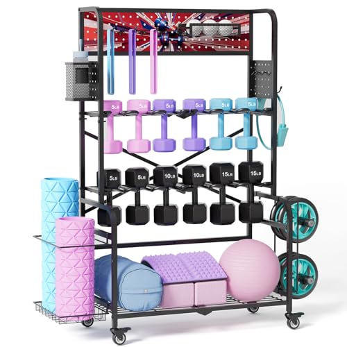 Heavy Duty Dual-Row Dumbbell Rack with Wheels, Home Gym Vertical Storage Stand with Yoga Mat Storage, Space Saving Fitness Equipment Organizer for Home Workout