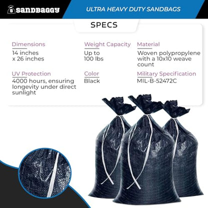 Sandbaggy Heavy Duty Black Sandbags – 14x26 in Empty Poly Bags w/ 4000 HR UV Protection – Ultra-Tough Sand Bags for Flooding, Construction & Barriers – Military Grade (5)