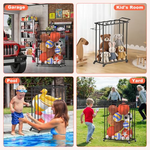 Multi-Functional Sports Storage Rack with Elastic Rope, Movable Racket Holders & Hooks - Heavy-Duty Organizer for Balls, Tennis/Badminton Rackets, Skateboard - Ideal for Garage, Home Gym & Playroom