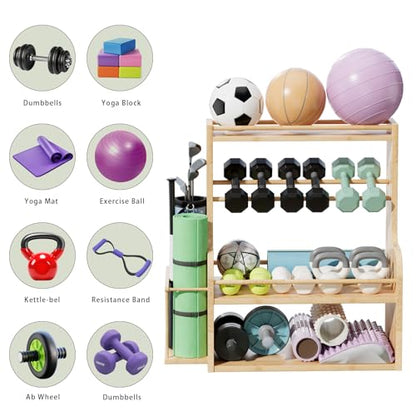 APRTAT Bamboo Dumbbell Rack, Adjustable Weight Rack for Home Gym, All-in-One Workout Equipment Storage for Dumbbells, Kettlebells, Yoga Mats & Balls