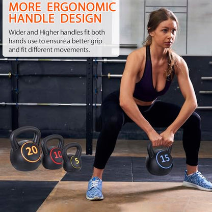 JupiterForce Wide Grip Kettlebell Sets 4 Piece Strength Training KettleBells Weights Set 5lb, 10lb, 15lb, 20lb HDPE Coated Concrete Kettle Bell for Women&Men for Full Body Workout, Exercise Fitness, Home Gym