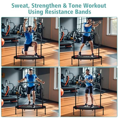 RAVS Mini Trampoline for Kids Adults 40"/48" Foldable Fitness Rebounder Kids Trampoline with 5 Levels Height Adjustable Handle Resistance Bands Indoor Workout - size: 40-inch