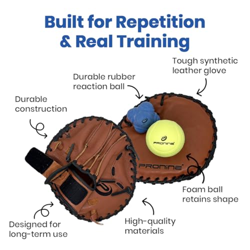 ProNine Sports Baseball Training Bundle – Flat Trainer Glove, Reaction Ball & Indoor Foam Baseball – Fielding Drills, Soft Hands & Hand-Eye Coordination Practice Equipment for Players & Coaches