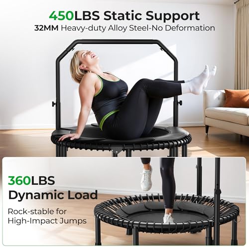 BCAN BT2 450/550LBS Mini Rebounder Trampoline for Adults with Bar, Fitness Trampoline with Bungees, Adjustable Handle, Stable & Quiet, Indoor Outdoor, Whole-Body Workout - 40IN/48IN | FED Fitness
