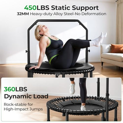 BCAN BT2 450/550LBS Mini Rebounder Trampoline for Adults with Bar, Fitness Trampoline with Bungees, Adjustable Handle, Stable & Quiet, Indoor Outdoor, Whole-Body Workout - 40IN/48IN | FED Fitness