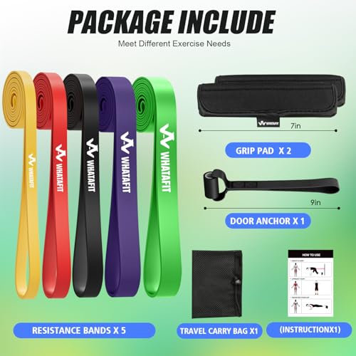 WHATAFIT Resistance Bands,Pull Up Assist Bands Set with Handles, Exercise & Workout Bands with Door Anchor for Men & Women – Home Fitness Equipment for Strength Training, Stretching