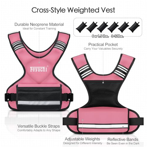 Feyachi Adjustable Weighted Vest, 3-32lb Vest with 6 Ironsand weights - color: Pink, size: 3-12 lbs