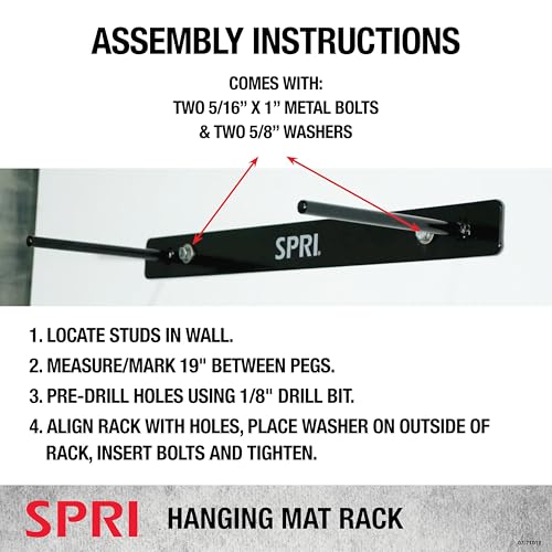 SPRI Hanging Exercise Mats for Gyms, Closed-Cell Foam Yoga & Fitness Mats with Grommets, Thick Workout Mats for Studios & Group Fitness Classes, Wall Rack Mat Holder Storage, Black