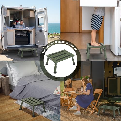 Adjustable RV Step Stool, 3-Step Height Adjustment, Foldable Legs, Wide Anti-Slip Surface,Supports Up to 1,000 lb, Premium Aluminum Construction Easy to Carry (Army Green) - color: Army Green