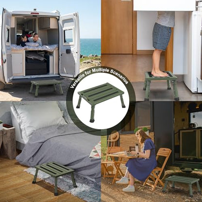 Adjustable RV Step Stool, 3-Step Height Adjustment, Foldable Legs, Wide Anti-Slip Surface,Supports Up to 1,000 lb, Premium Aluminum Construction Easy to Carry (Army Green) - color: Army Green