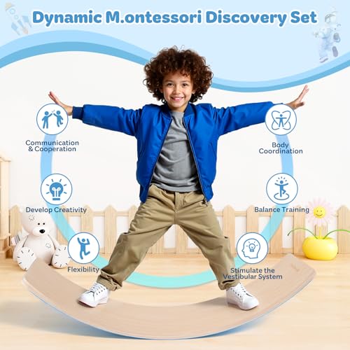 Balance Board Kids, 35 Inch Natural Wooden Wobble Balancing Board for Open Ended Learning, Toddler Rocker Board with Non Slip Felt Yoga Curvy Board for Adult Boys Girls M.ontessori-Inspired