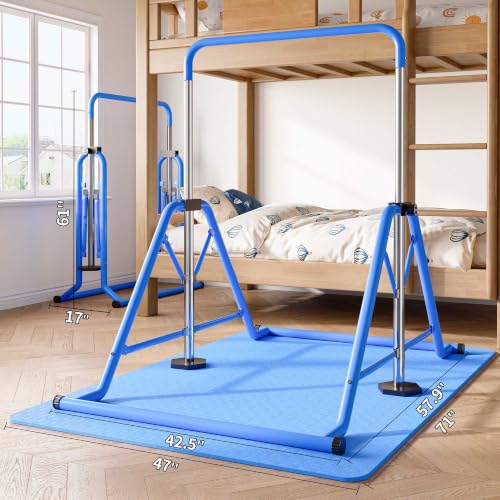 Expandable Gymnastics Bars 45''-61'' with Side Support Bars for Kids - color: Blue with mat