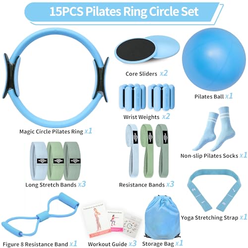 Pilates Essentials Kit for Home Women, Pilates Equipment for Workouts, 6 Fabric Resistance Bands, 12 Inch Magic Circle Yoga Ring, Mini Exercise Ball, Great Exercise Equipment