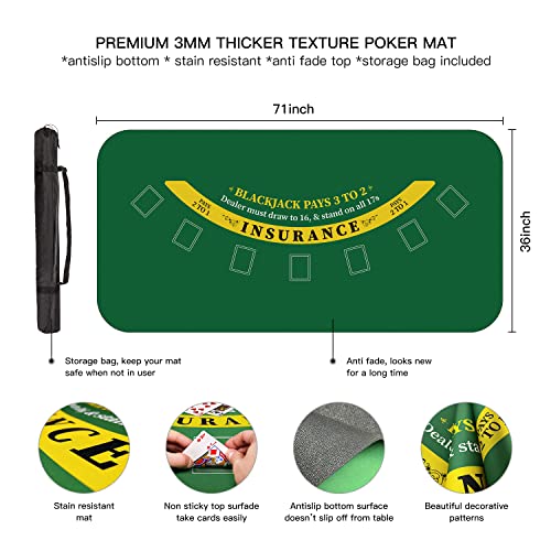 70" x 35" Poker Mat for Table with Carrying Bag, Professional Casino Blackjack Tabletop Layout Poker Table Mat, Non-Slip Rubber Poker Table Top Cover for Parties, Home Entertainment, Poker Game Night