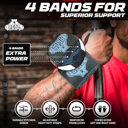 Bear Grips Wrist Wraps for Weightlifting | Weight Lifting Wrist Straps for Weightlifting | Extra Strength Gym Wrist Wraps | Two Wrist Wrap Per Pack | 12” & 18” | Lifting Wrist Wraps for Men & Women - color: Extra Strength: Black Camo