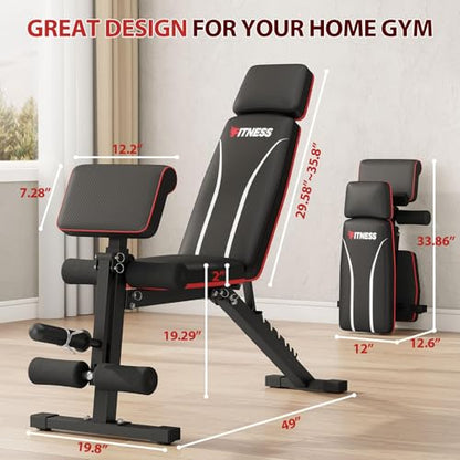 Foldable Weight Bench, Adjustable Workout Bench with Leg Extension, Preacher Pad, Extended Headrest, Space-saving Banco de Pesas for Home Gym, 800lbs Full Body Workouts Strength Training
