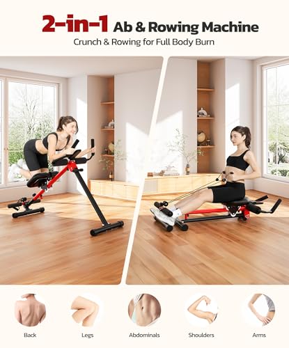 Yoleo 2 in 1 Ab & Rowing Machines for Home, Foldable Ab Workout Equipment, Ab Trainer Machine for Stomach Workout, Ab Crunch Machine with Foam Support,7-Length Adjustable Ab Machine for Home Exercise