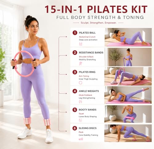 Pilates Kit for Women, Home Workout Equipment Set with Ring, Ball, Resistance Bands, Core Sliders & Ankle/Wrist Weights, Pilates Essentials Kit for Full Body Sculpt, Fat Burn & Beginners