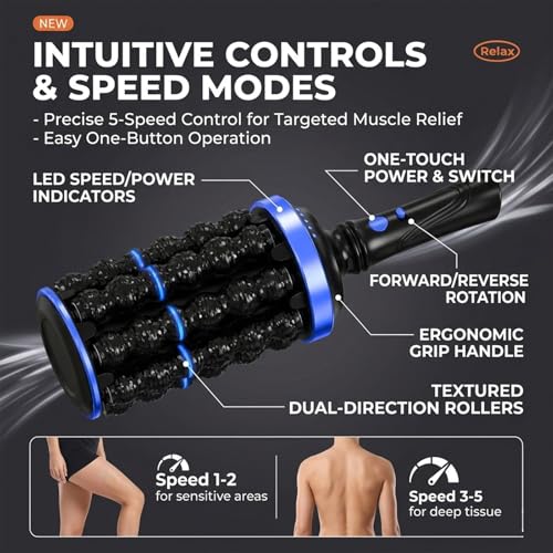 Electric Rolling Percussive Massager, Hands-Free Base, 5-Speed Adjustable Intensity, Rechargeable Fascia Roller for Back, Legs, Feet, Deep Tissue Muscle Recovery (Rose Gold)