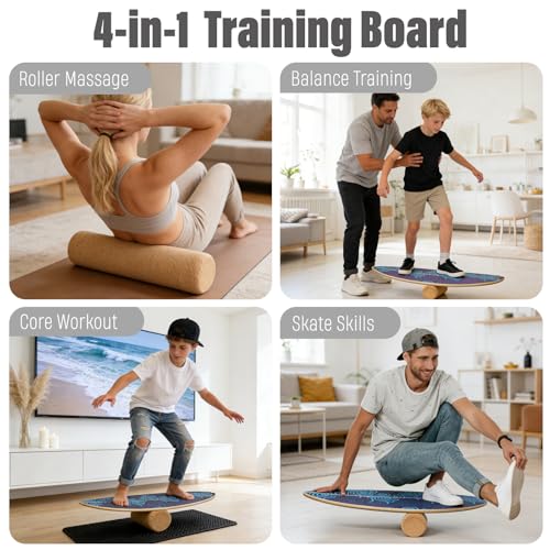 2026 NEW｜29" Surf Balance Board for Kids & Adults｜MAX. 350lbs Balance Boards with Cork Roller & Half Ball｜0.6" Wobble Board Trainer from Beginner to Advanced｜Wooden Slack Board