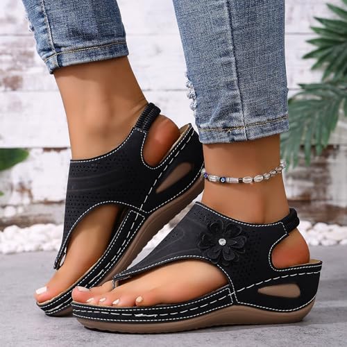 Women's Split Toe Wedge Sandals Floral Decor Elastic Back Strap Arch Support Orthopedic Non Slip Soft Insole Wide Width Breathable Casual Comfortable Shoes Summer Beach Vacation Party Walking Sandal