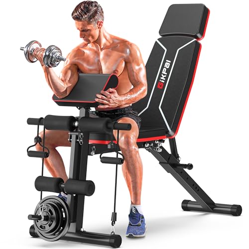 Adjustable Weight Bench - Bench Press for Full Body Workout, Foldable Workout Bench for Home Gym, Strength Training Bench to Incline Decline Flat w/Leg Extension and Pracher Pad (Red)