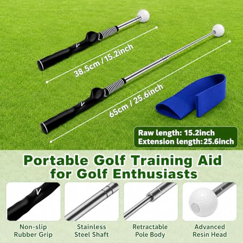 Retractable Golf Swing Trainer, Golf Training Aid with Arm Band for Strength & Tempo Training, Golf Grip Trainer for Right-Handed Chipping Hitting, Indoor & Outdoor Practice