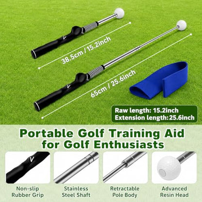 Retractable Golf Swing Trainer, Golf Training Aid with Arm Band for Strength & Tempo Training, Golf Grip Trainer for Right-Handed Chipping Hitting, Indoor & Outdoor Practice