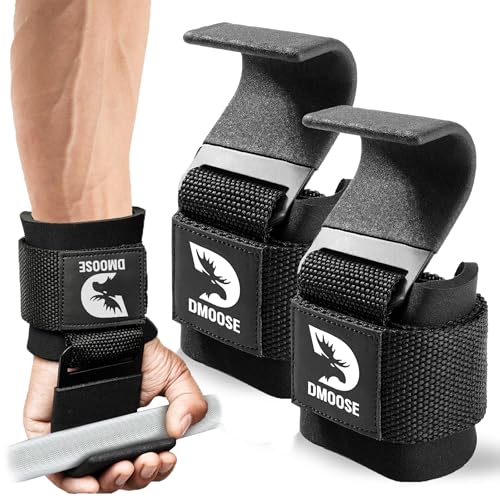 DMoose Fitness Weight Lifting Hooks (Pair) for Deadlifts, Pull Ups, Rows & Shrugs - Anti-Rip Nylon Strap Hand Grips with Thick Wrist Padding - Heavy Duty Wrist Straps for Weightlifting & Gym Workouts - color: Black