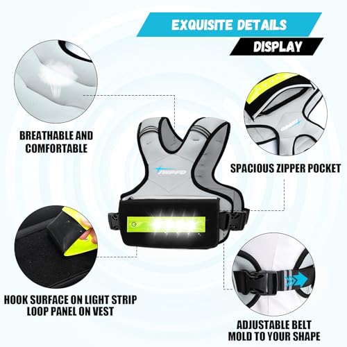 Adjustable Weighted Vest for Women Men, 6-15 Lbs/12-18 Lbs Rucking Vest with LED Light Strips, Weight Vest with 6 Ironsand Weights, and Zipper Pocket for Strength Training, Walking, Running