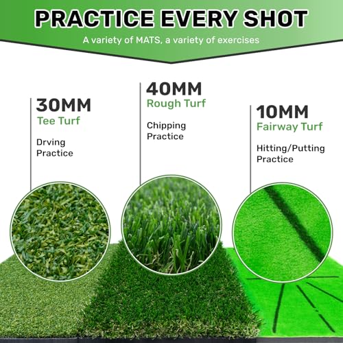 Golf Hitting Mats Training Equipment, Golf Practice Mat with Instant Swing Path Feedback, 3 Replaceable Golf Training Mats with No-Slip Heavy Duty Rubber Base
