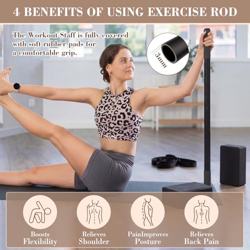 4 Pcs Adjustable Yoga Stick (30/45/60 In) with Exercise Strap Yoga Blocks Exercise Rod Workout Staff 60 Inch Sturdy Carbon Steel Stretching Stick with Non Slip Ends for Physical Pilates