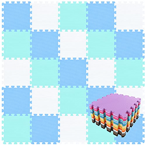 qqpp EVA Rubber 18 Tiles Interlocking Puzzle Foam Floor Mats - Baby Play Mat for Playing | Exercise Mat for Home Workout. White, Blue, Green. QC-AGHb18N - color: 3 White, Blue, Green, size: 18 Tiles