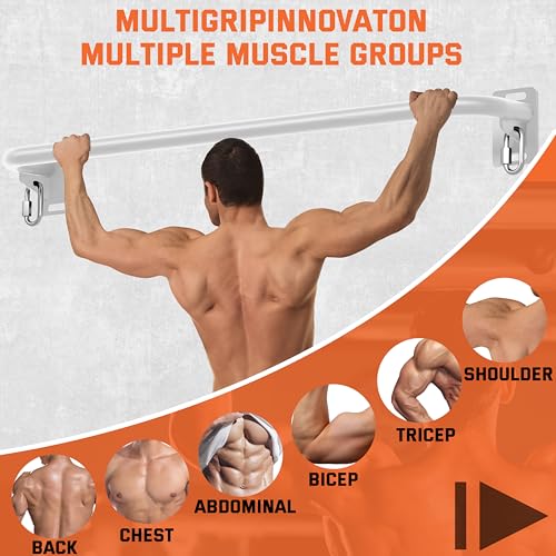 36" Heavy Duty Pull Up Bar Wall/Joist Mounted, 600 LB Capacity, Multi-Grip Bar for Garage & basement rafter Use - All-in-One Workout Station with Carabiners & Space-Saving Design - color: White