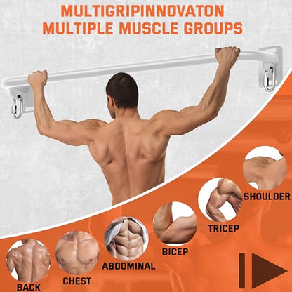 36" Heavy Duty Pull Up Bar Wall/Joist Mounted, 600 LB Capacity, Multi-Grip Bar for Garage & basement rafter Use - All-in-One Workout Station with Carabiners & Space-Saving Design - color: White