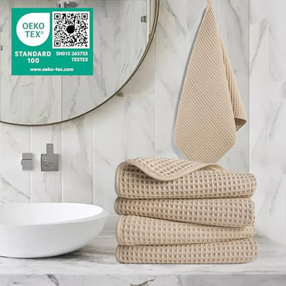 POLYTE 430 GSM Poly Blend Microfiber Quick Dry Waffle Hand Towel, 16x30 in - color: Beige