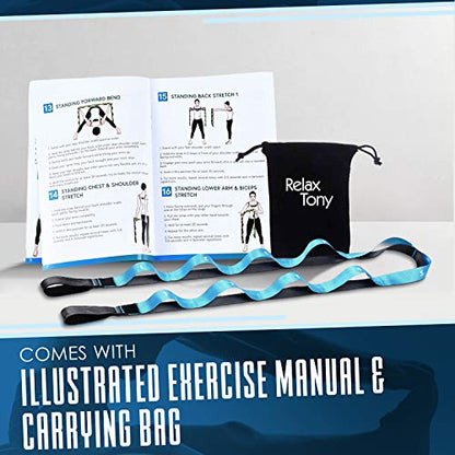Yoga Stretching Strap | 12 Loops Non-Elastic Stretching Yoga Strap | Stretching Band for Physical Therapy, Home Workout Exercises, Pilates & Dance | Includes Carrying Bag & Workout Guide