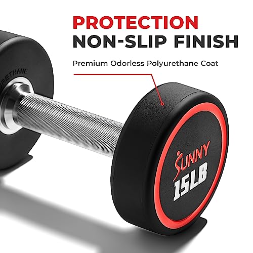 Sunny Health & Fitness Premium Polyurethane Commercial Grade Round Dumbbells with Diamond Knurled Handle, Durable Strength Training Equipment for Home Gym, 5-50LB - color: 10-Pound (Pair)