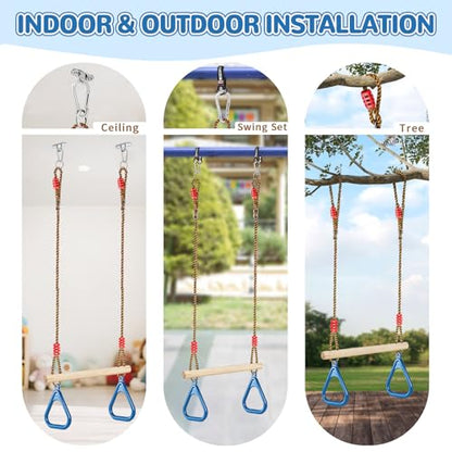 LadyRosian Wooden Trapeze Swing Bar, Adjustable Height Swing Set, Gym Rings, Playground Attachments, 16.5" Monkey Bar for Backyard, Playground, Playroom (Blue) - color: Blue