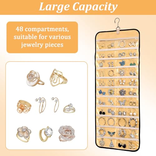 2pcs Double-Sided Hanging Jewelry Organizer for Closet with 48 Pockets & 21 Necklace Hooks Wall Mount Earring Holder Organizers Bracelet Necklace Display Hanger for Women Closet Wall Rings Display