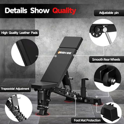 JEEKEE Adjustable Weight Bench, 40" Extended Backrest for Tall Lifters up to 6'5", 1600LBS Weight Capacity and 44 Adjustable Positions Bench for Garage and Home Gym Workouts