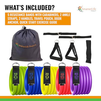 SmarterLife Resistance Bands with Handles, Physical Therapy Strap, Exercise Band to Tone Arms, Legs, Chest, Booty - 5 Exercise Bands with Handles, Ankle Straps, No-Slip Door Anchor, Storage Bag