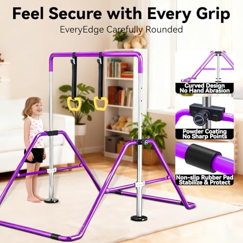 Kids Gymnastics Bar Gymnastic Equipment for Home Adjustable Height Gymnastic Training Bar Gymnastic Stuff for 3-7 Years Old Girls - color: Purple with ring