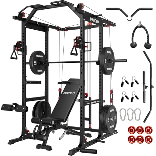 Mikolo K6 2.0 Power Cage, Power Rack with Cable Crossover System, 2000LBS Squat Rack with LAT Pull Down System, Functional Trainer with Aluminum Pulley System for Home Gym
