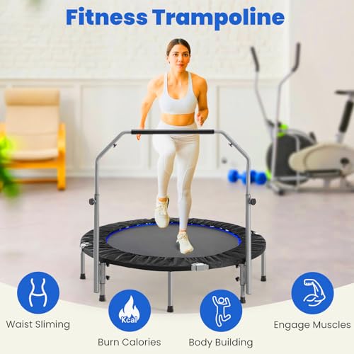 48" Foldable Mini Trampoline for Kids & Adults, Fitness Rebounder with 5-Level Adjustable Foam Handle, Max Load 450 lbs, Indoor/Outdoor Exercise Trampoline for Home Workouts (Silver)